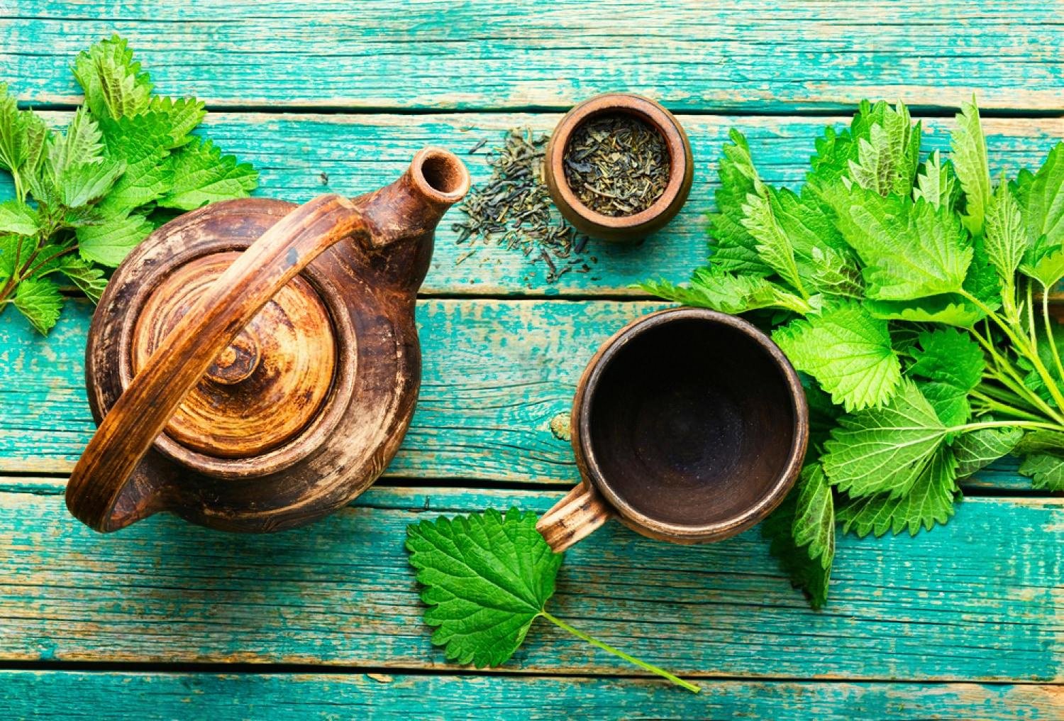 Clay teapot and cup with loose leaf tea and fresh green herbs on a wooden surface